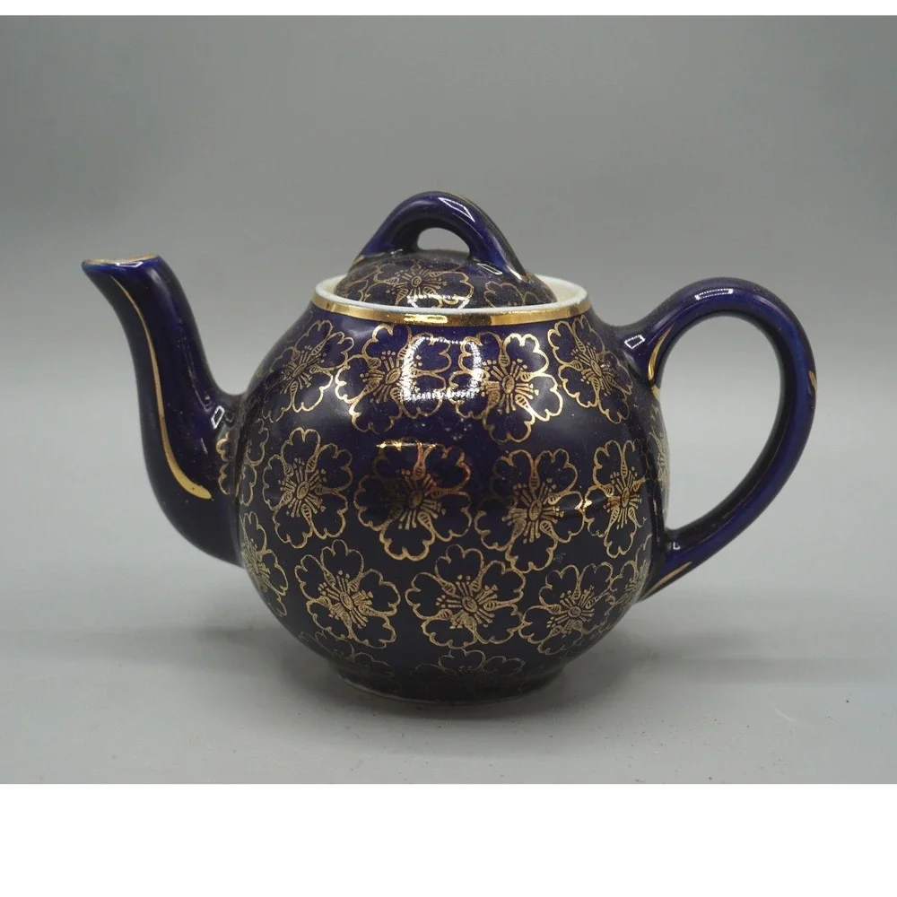 Vintage Hall China Cobalt Blue Gold Floral 2 Cup Teapot Shape 048 USA MCM